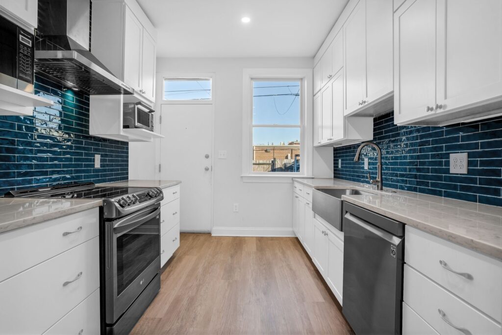 Kitchen with blue tile