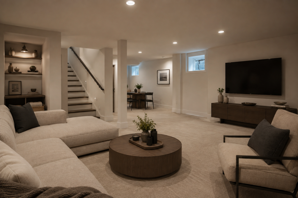 Cozy Minimalist Basement Living Room