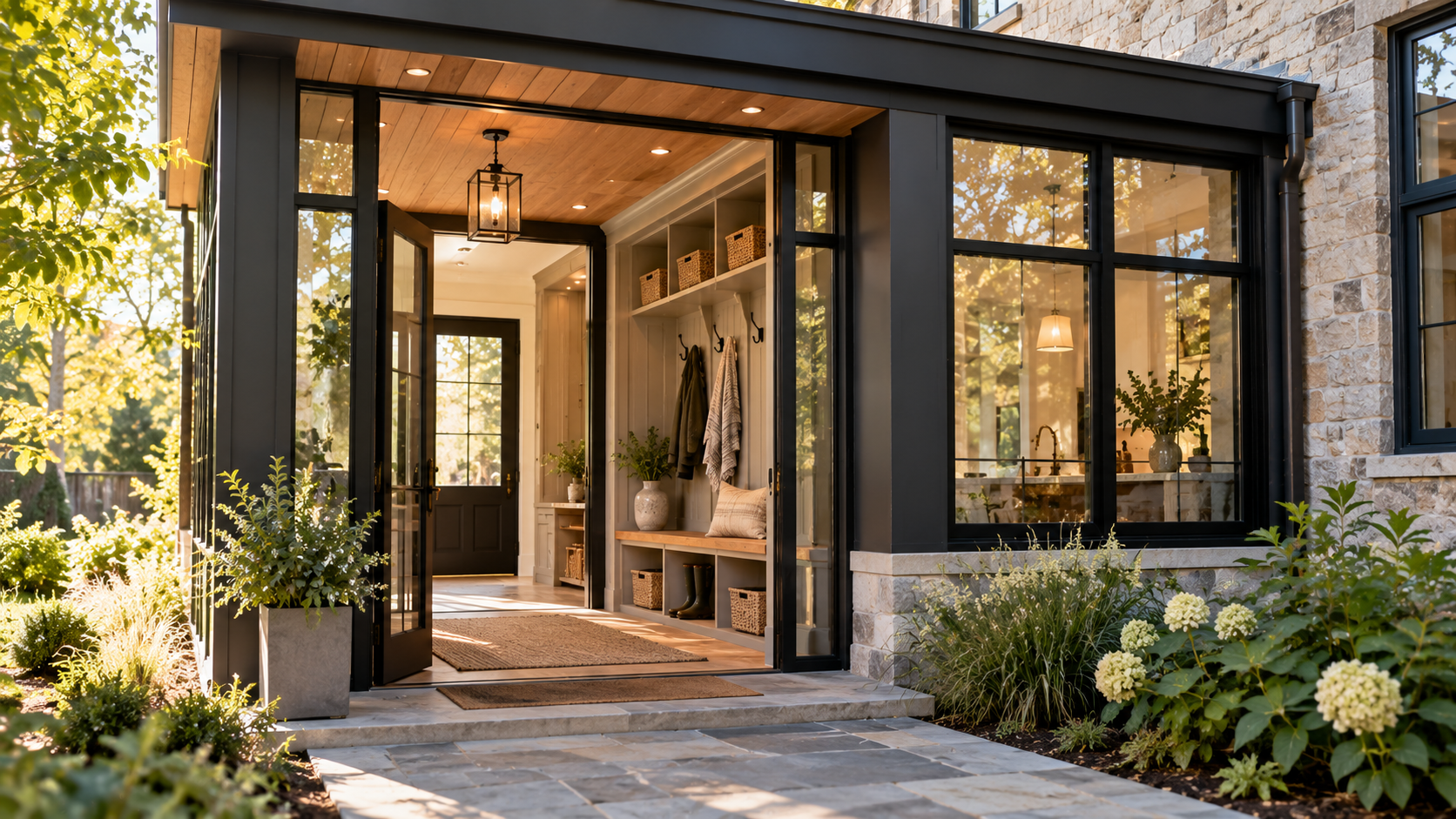 Modern Warm Wood Mudroom Entry
