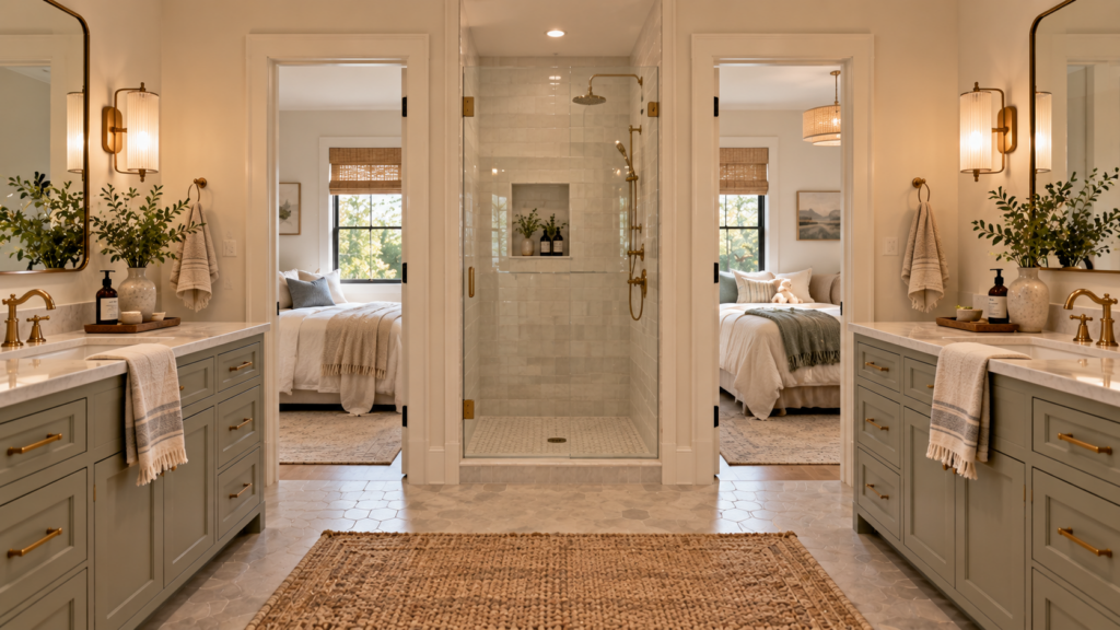 Symmetrical Sage-Green Jack and Jill Bathroom