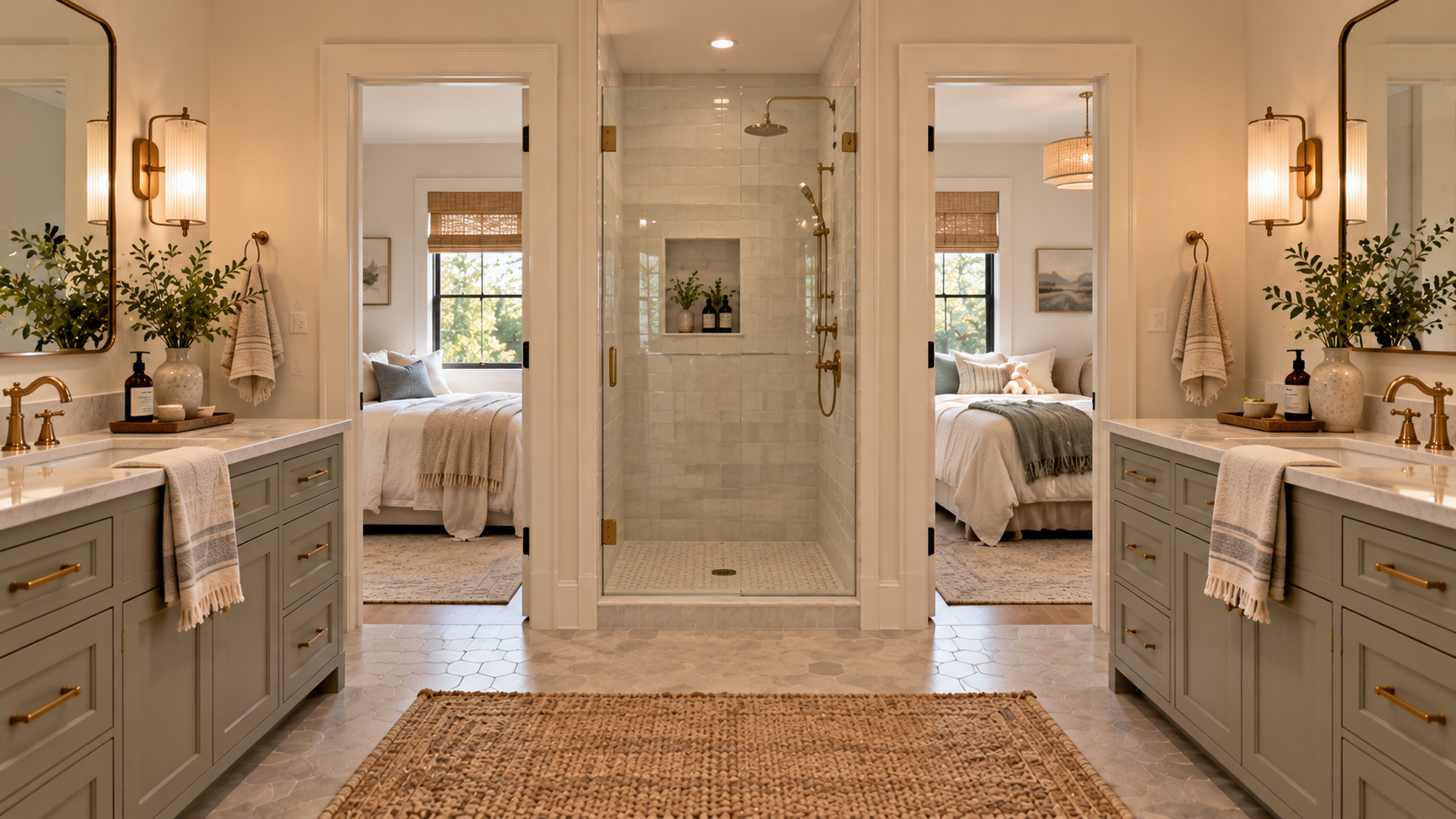 Symmetrical Sage-Green Jack and Jill Bathroom