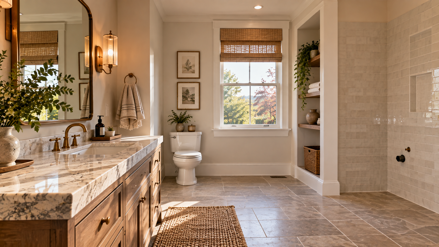 Warm Transitional Bathroom with Future Shower Space